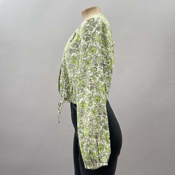 J. Crew Long Sleeve Linen Cropped Top Tossed Floral Green Women's Size Large - Picture 9 of 13